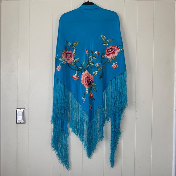 Vintage Style Silk Floral Embroidered Beaded Fringe Piano Shawl Manton Wrap